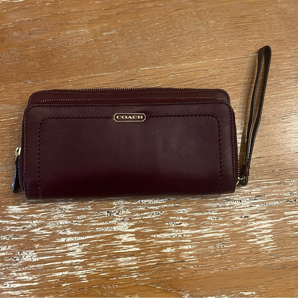 Maroon Coach double zipper wallet wristlet